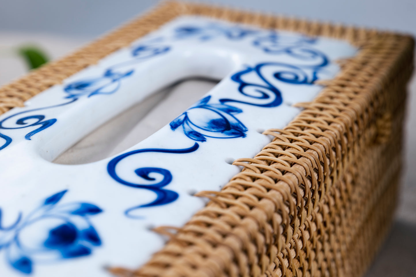 Rattan Tissue Box with Porcelain Lid