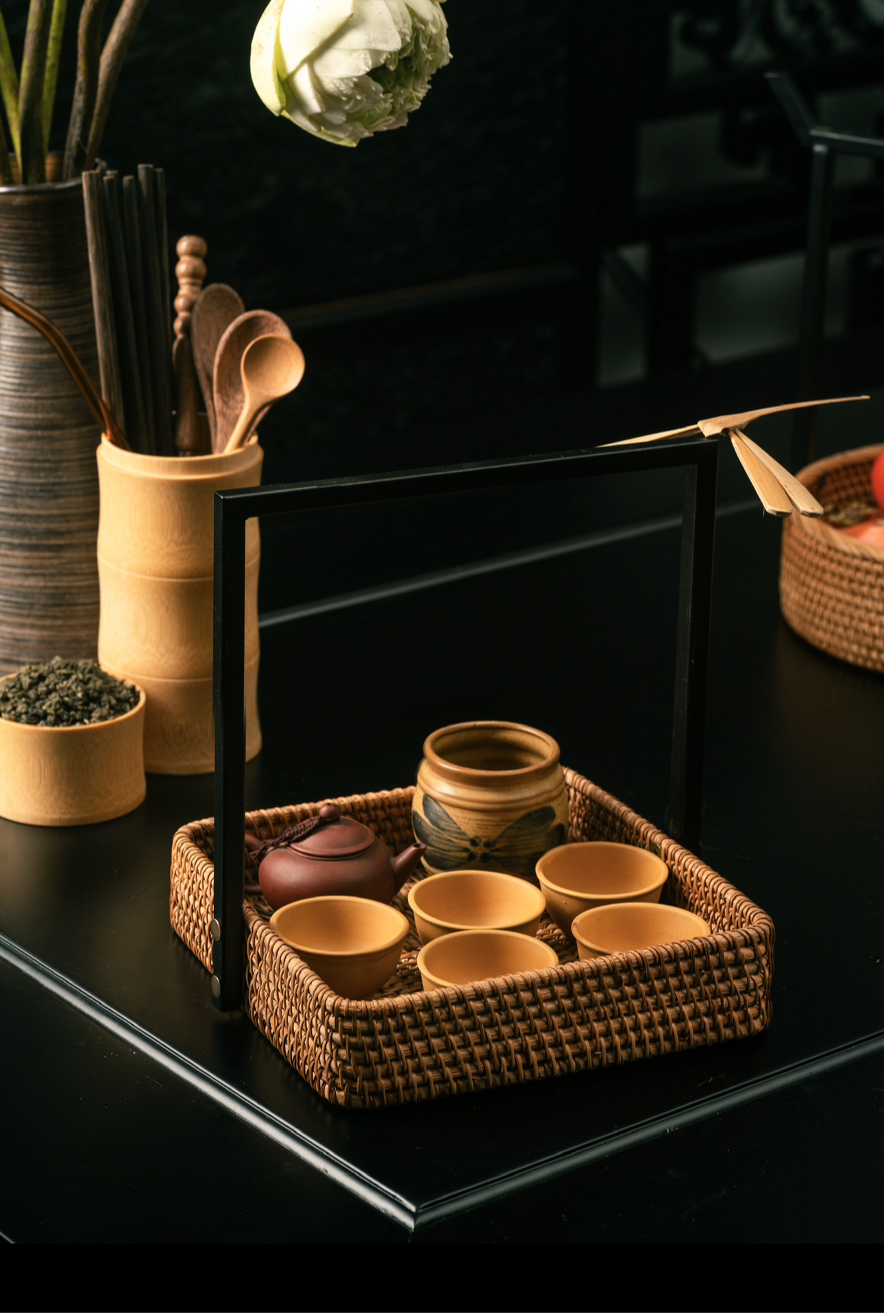 Handmade Rectangular Rattan Basket with Handle.