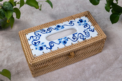 Rattan Tissue Box with Porcelain Lid