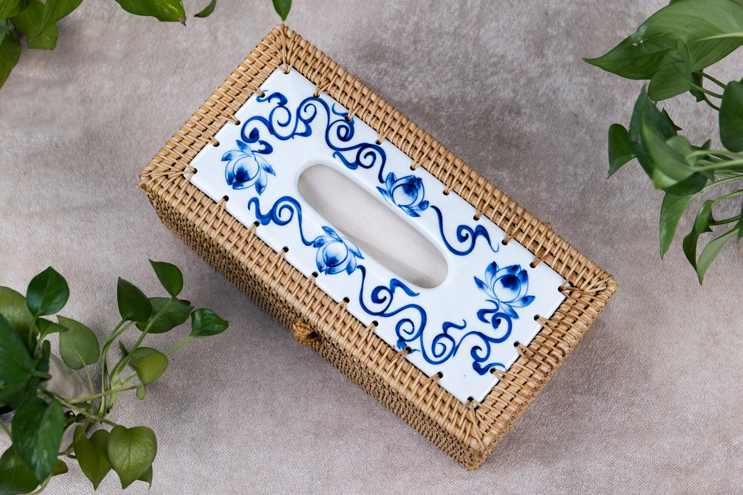 Rattan Tissue Box with Porcelain Lid
