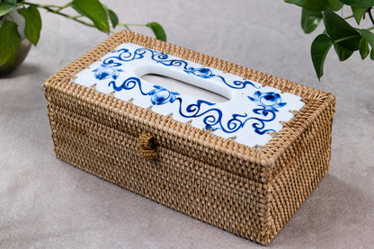 Rattan Tissue Box with Porcelain Lid