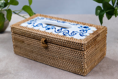 Rattan Tissue Box with Porcelain Lid