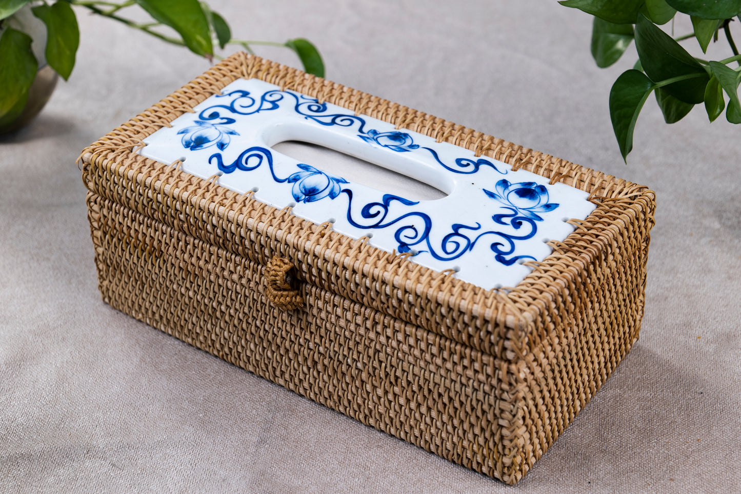 Rattan Tissue Box with Porcelain Lid