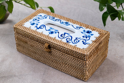 Rattan Tissue Box with Porcelain Lid
