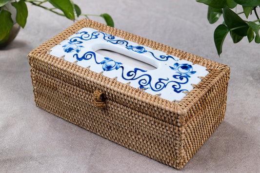 Rattan Tissue Box with Porcelain Lid