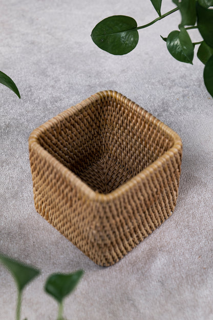 Hand Crafted Rattan Square Box, Desk Organizer, Container, Mini-Basket.