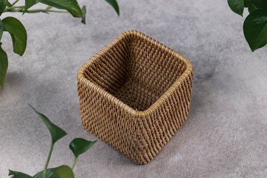 Hand Crafted Rattan Square Box, Desk Organizer, Container, Mini-Basket.