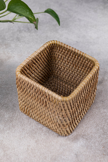Hand Crafted Rattan Square Box, Desk Organizer, Container, Mini-Basket.
