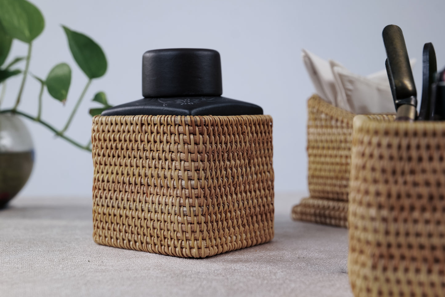 Hand Crafted Rattan Square Box, Desk Organizer, Container, Mini-Basket.