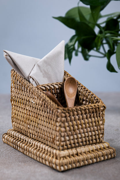 Hand Crafted Rattan Remote Caddy, Desk Organizer, Cutlery Caddy