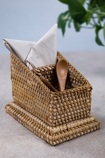 Hand Crafted Rattan Remote Caddy, Desk Organizer, Cutlery Caddy