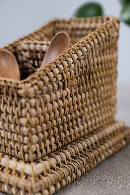 Hand Crafted Rattan Remote Caddy, Desk Organizer, Cutlery Caddy