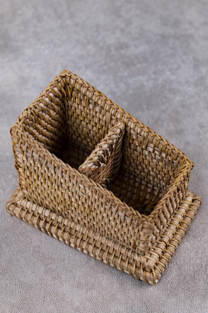 Hand Crafted Rattan Remote Caddy, Desk Organizer, Cutlery Caddy