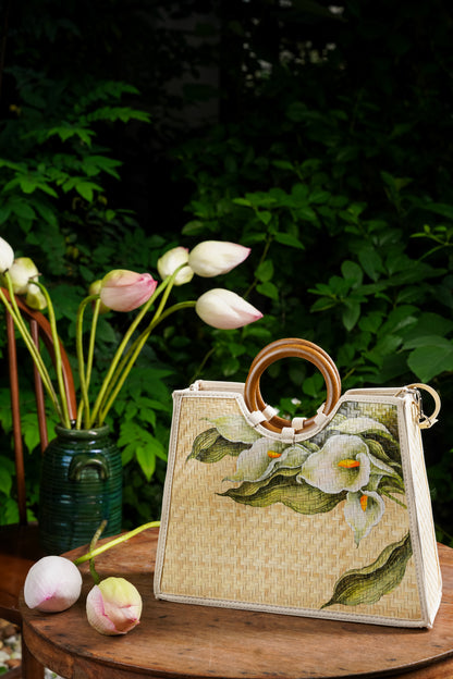 Hand-Painted Lily Tote Bag with Silk Scarf