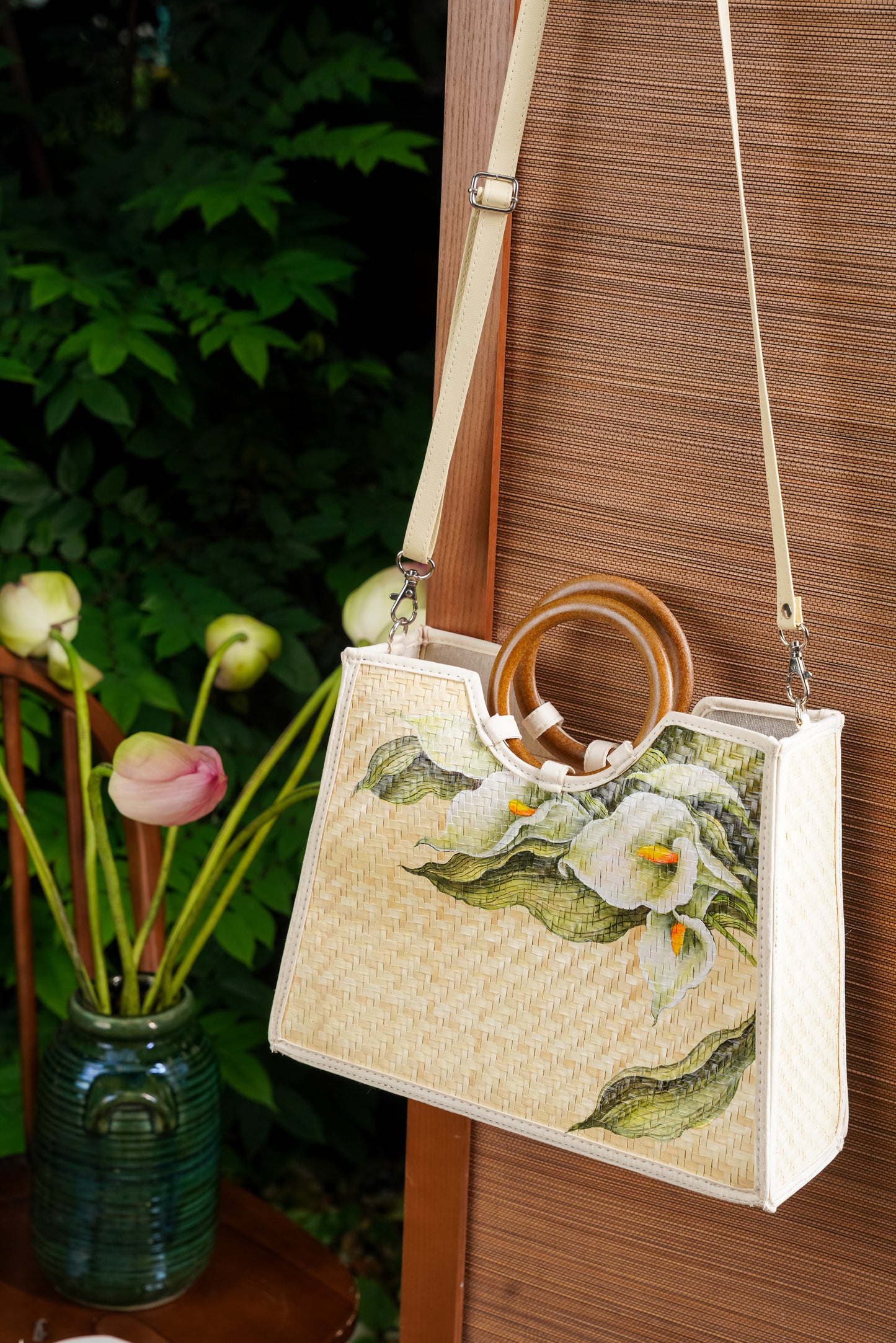 Hand-Painted Lily Tote Bag with Silk Scarf