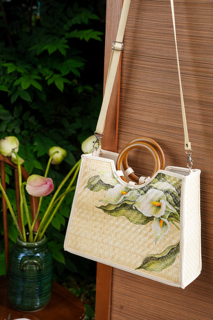 Hand-Painted Lily Tote Bag with Silk Scarf