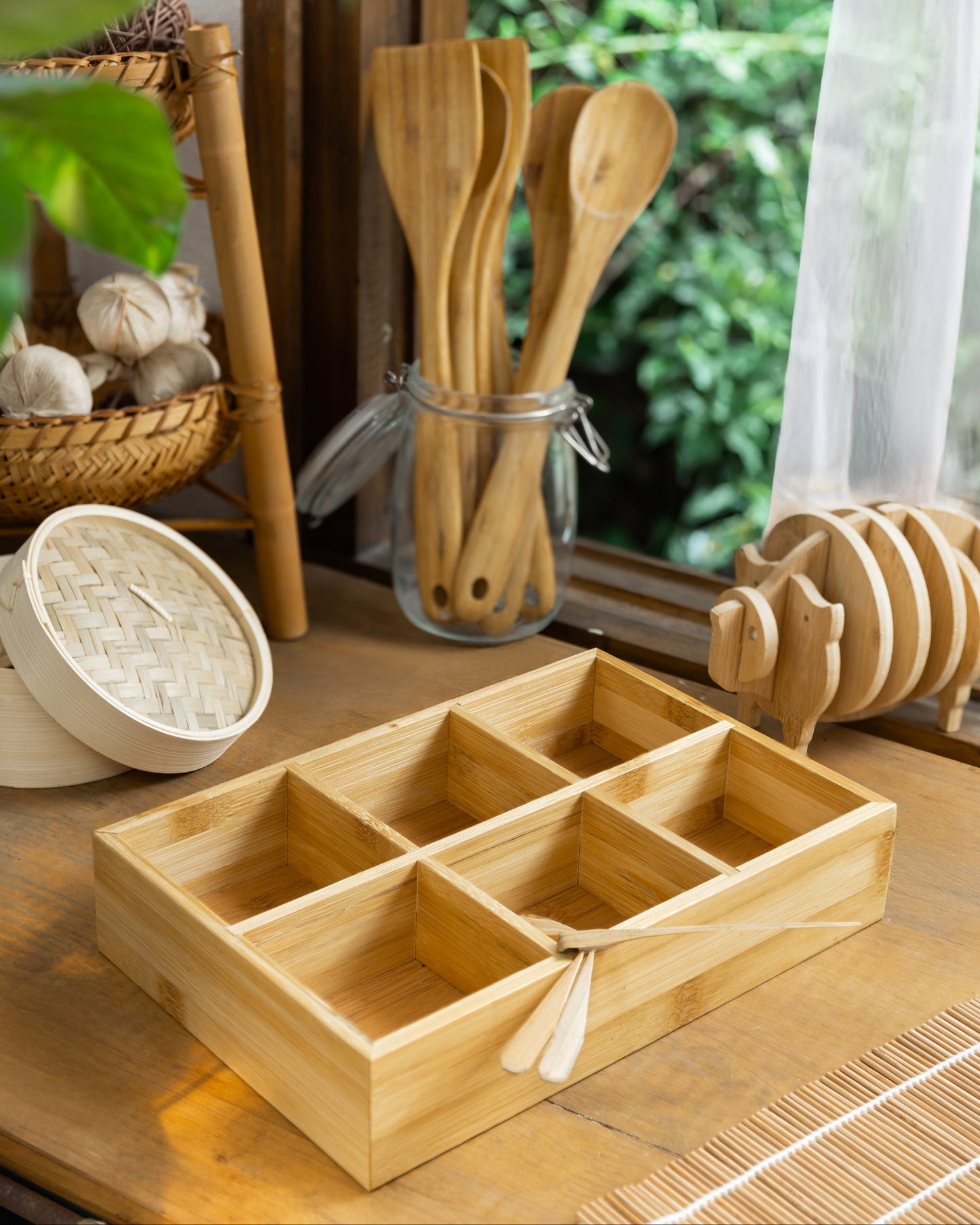 6 Compartment - Handmade Square Bamboo Organiser