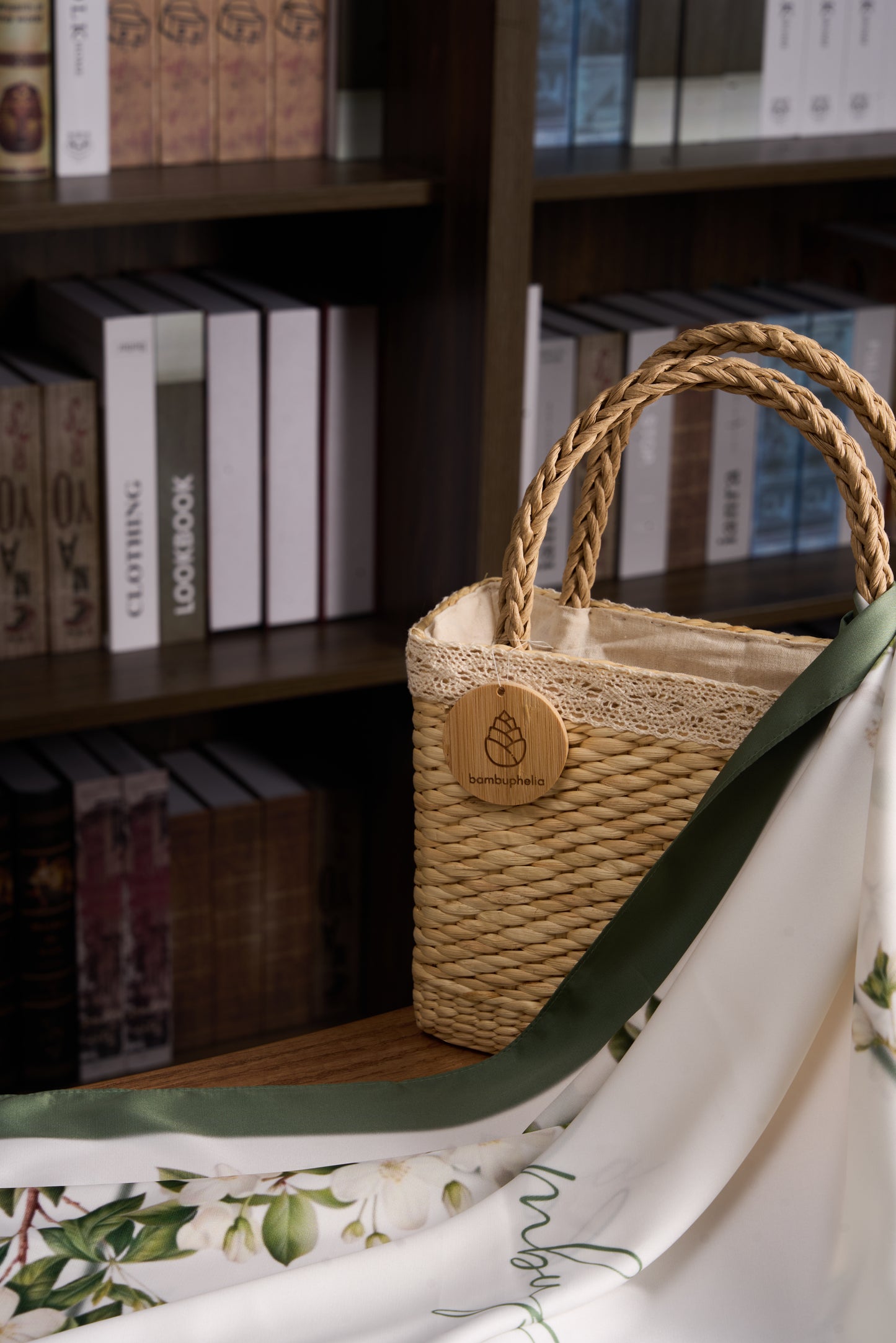 Handbag with Silk Scarf on Rattan Handle