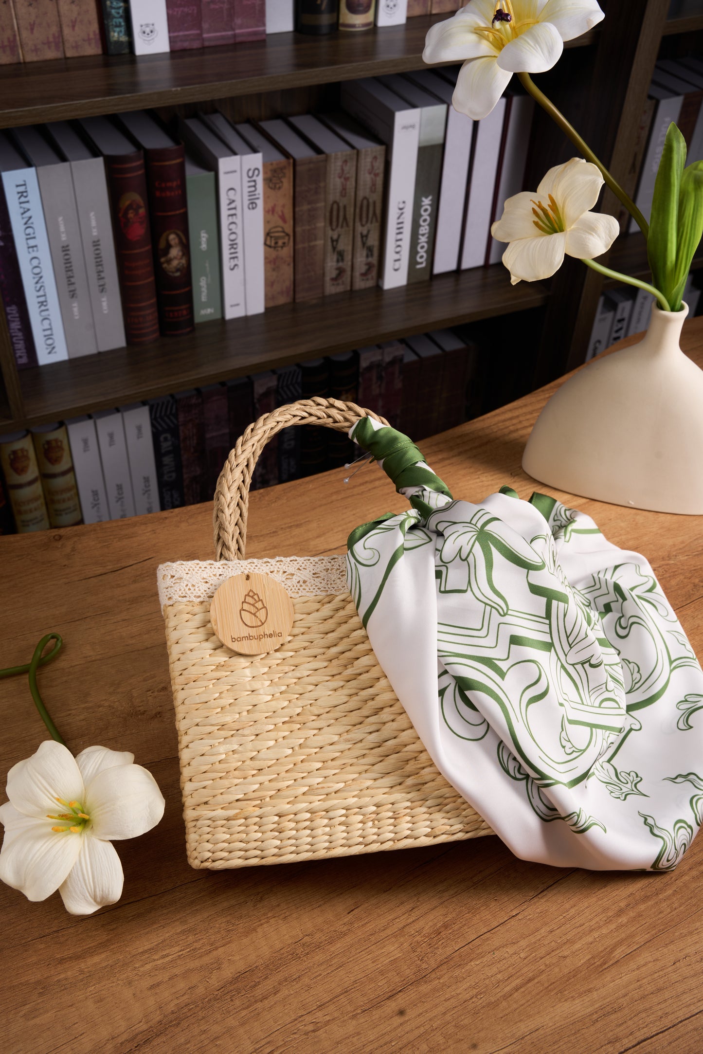 Handbag with Silk Scarf on Rattan Handle
