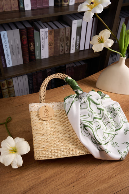 Handbag with Silk Scarf on Rattan Handle