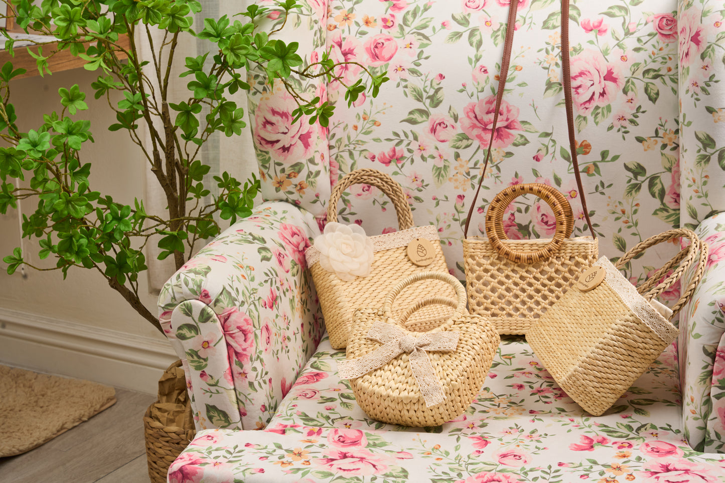 Rattan Handbag with Silk Scarf on Round Handle