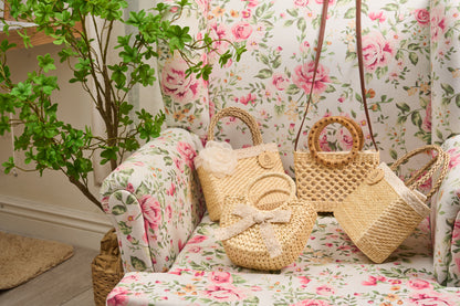 Rattan Handbag with Silk Scarf on Round Handle