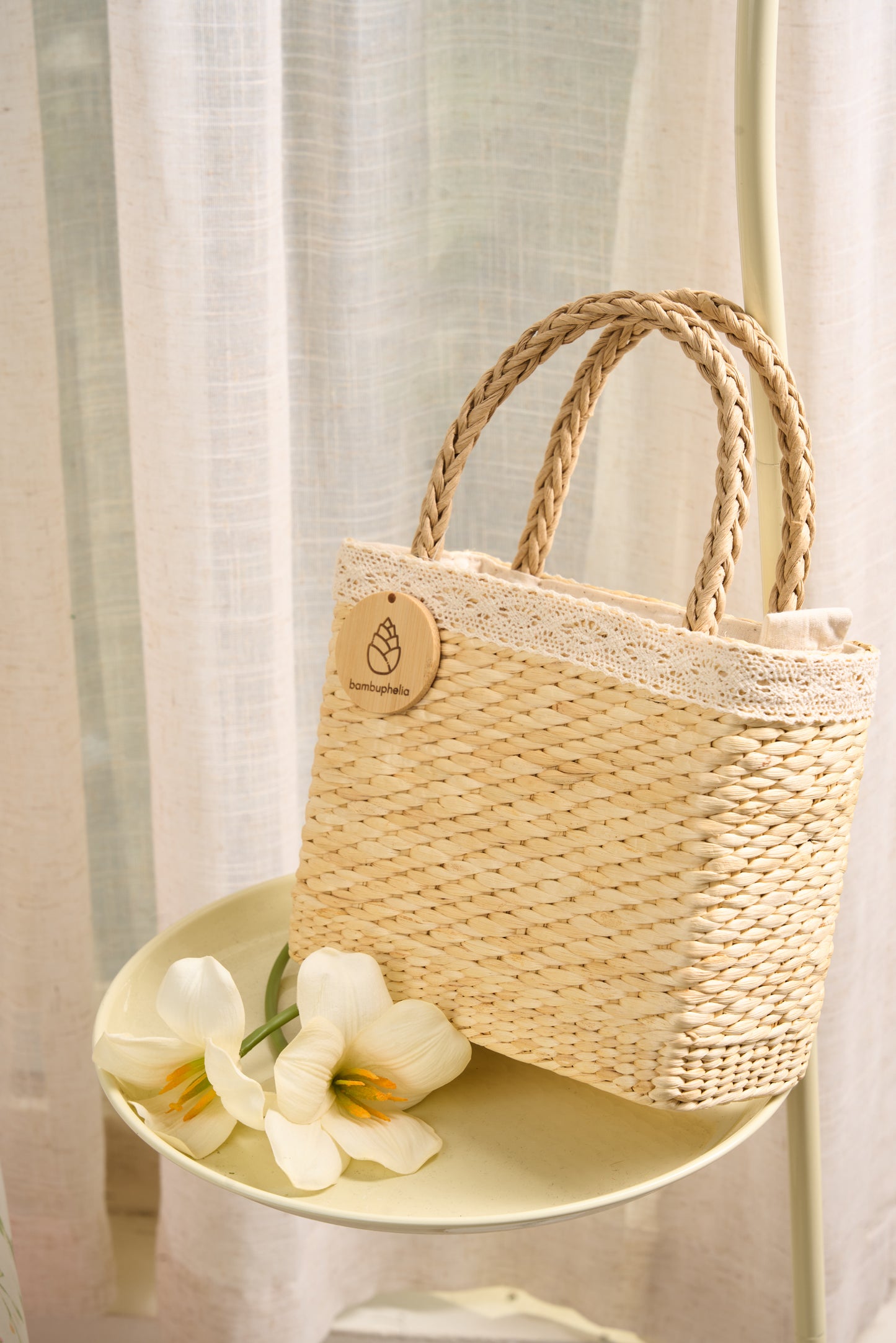 Handbag with Silk Scarf on Rattan Handle
