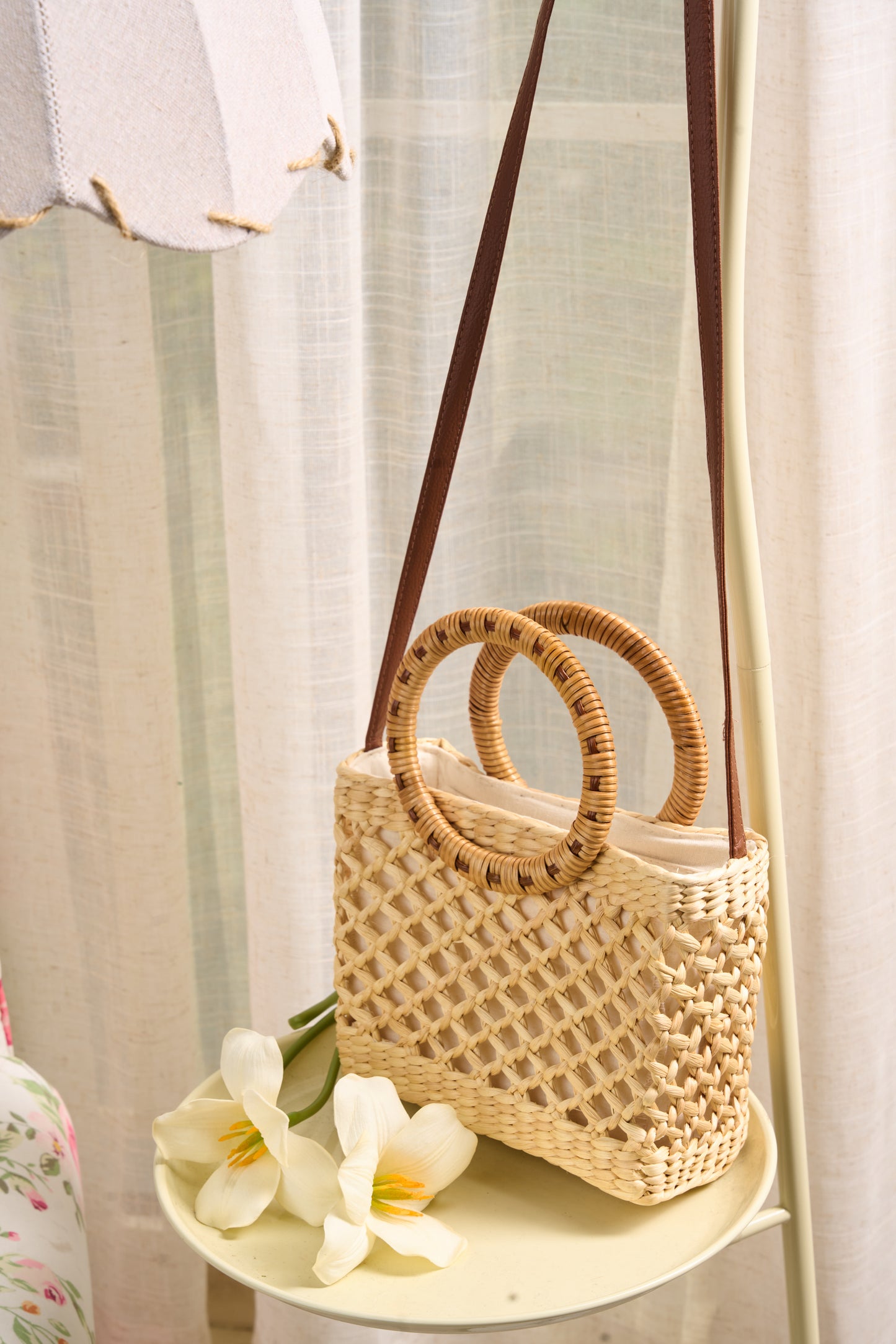 Rattan Handbag with Silk Scarf on Round Handle