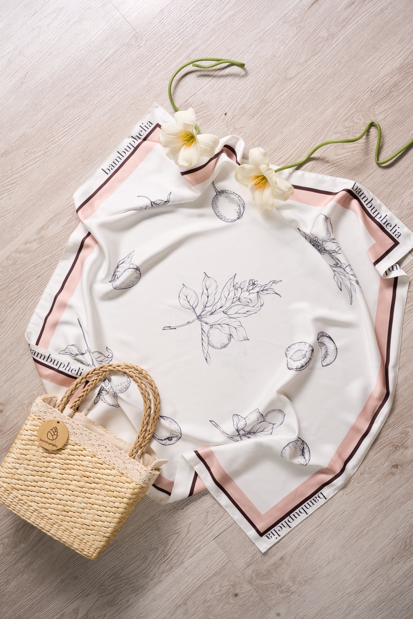 Handbag with Silk Scarf on Rattan Handle