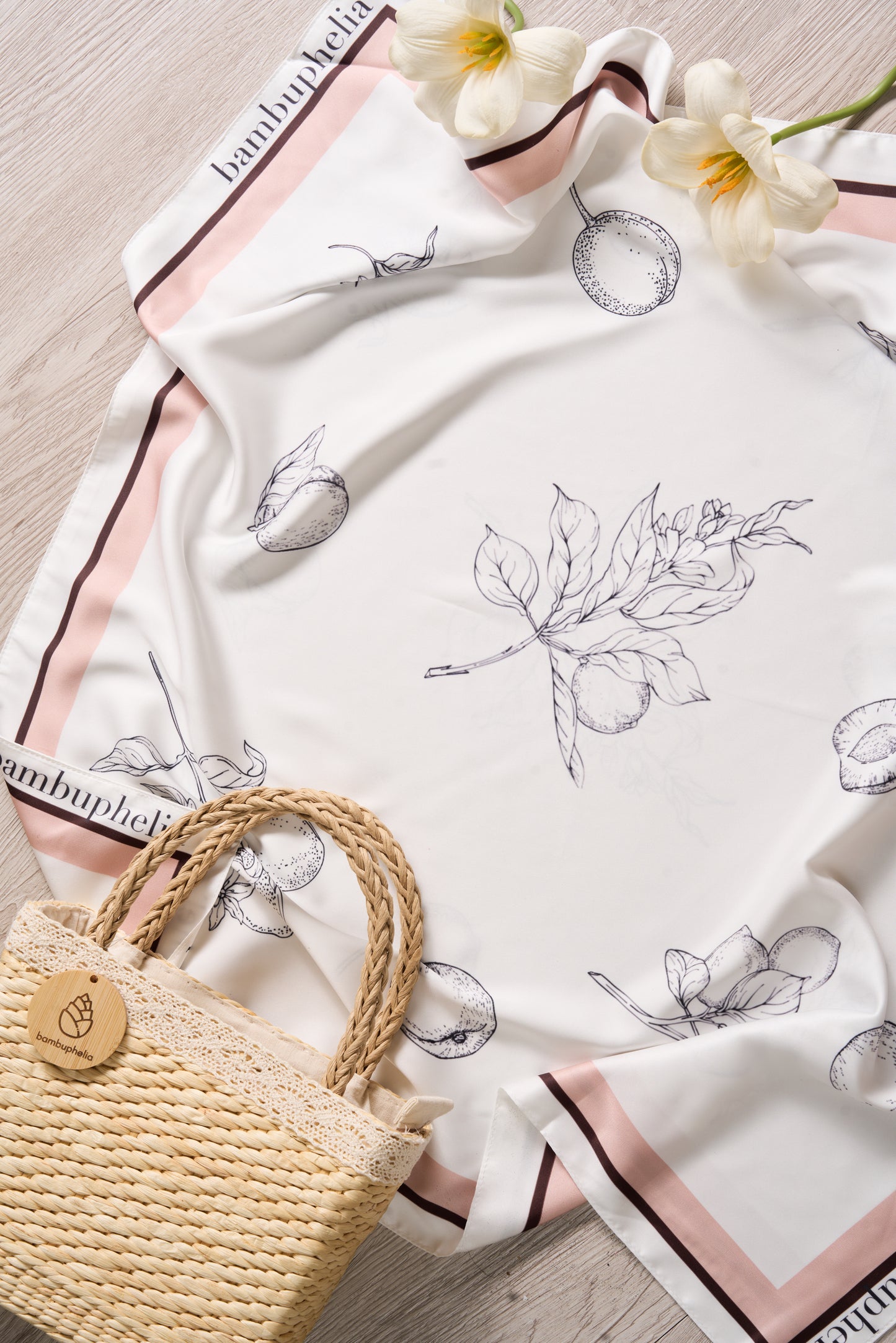 Handbag with Silk Scarf on Rattan Handle