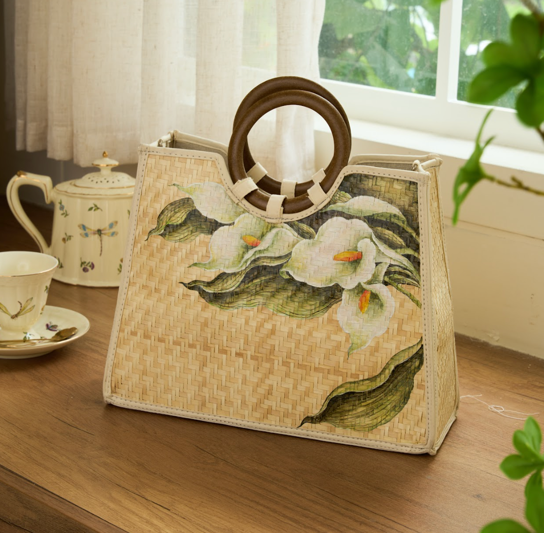 Hand-Painted Lily Tote Bag with Silk Scarf