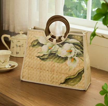 Hand-Painted Lily Tote Bag with Silk Scarf