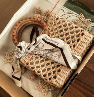 Rattan Handbag with Silk Scarf on Round Handle
