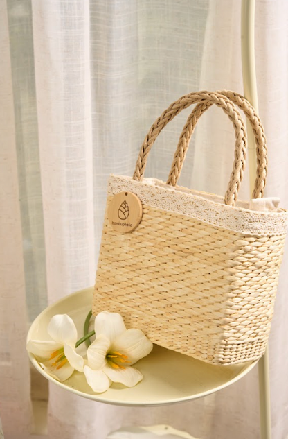 Handbag with Silk Scarf on Rattan Handle
