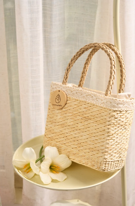 Handbag with Silk Scarf on Rattan Handle