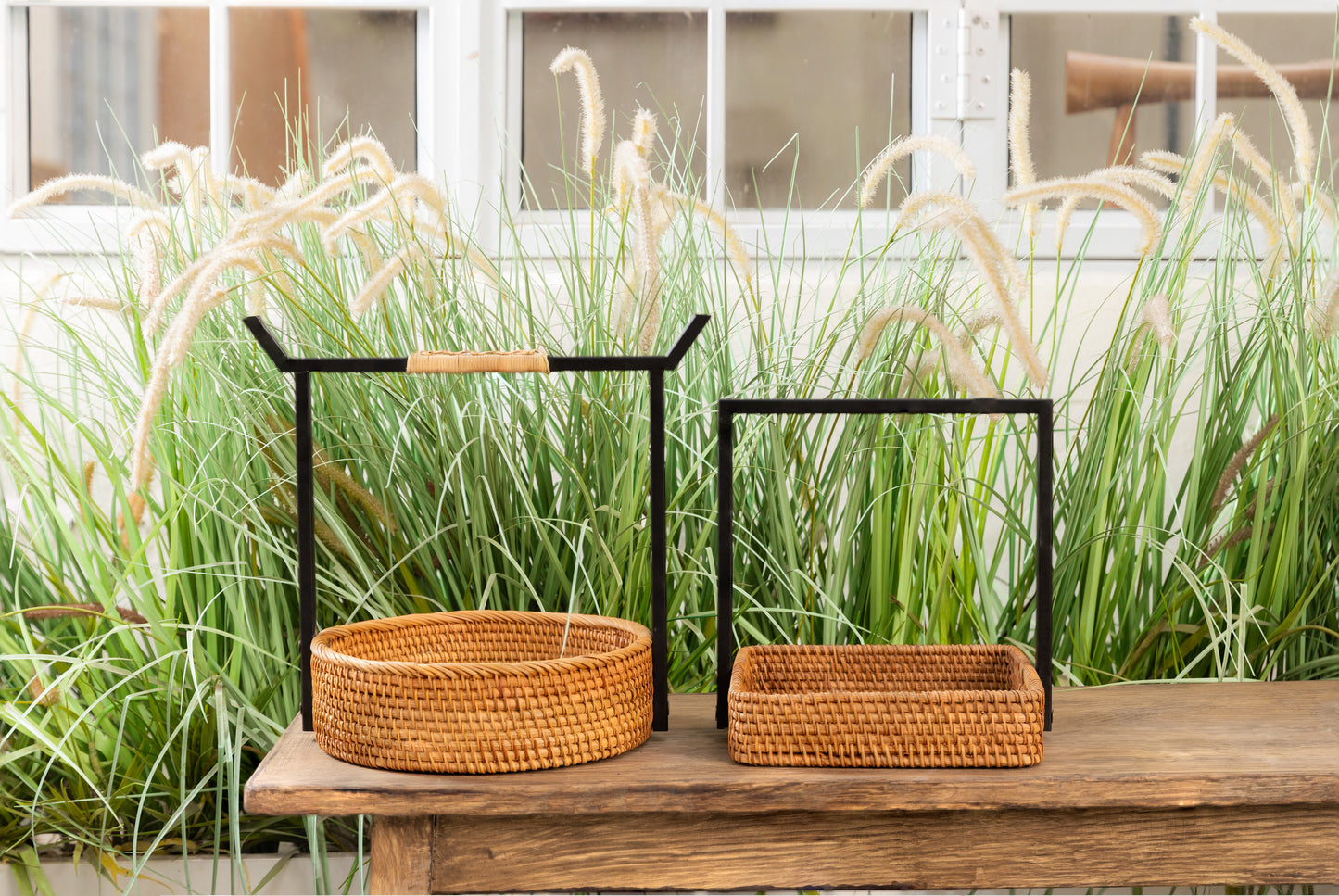 Handmade Rectangular Rattan Basket with Handle.