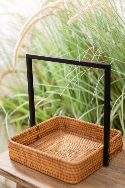 Handmade Rectangular Rattan Basket with Handle.
