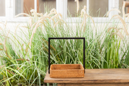 Handmade Rectangular Rattan Basket with Handle.